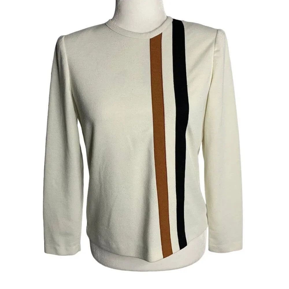 Vintage 70s Leslie Fay Long Sleeve Shirt S Cream Stripes Zip Back Shoulder Pads